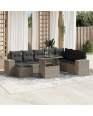 Salon de jardin 9 pcs avec coussins gris clair résine tressée | Mobilier & Déco