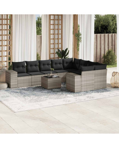 Salon de jardin avec coussins 10 pcs gris clair résine tressée | Mobilier & Déco