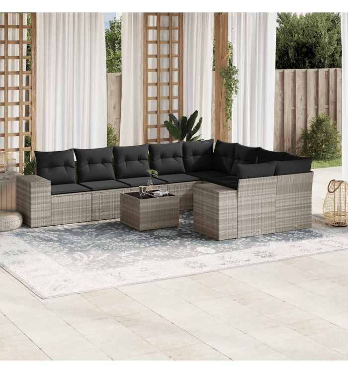 Salon de jardin avec coussins 10 pcs gris clair résine tressée | Mobilier & Déco