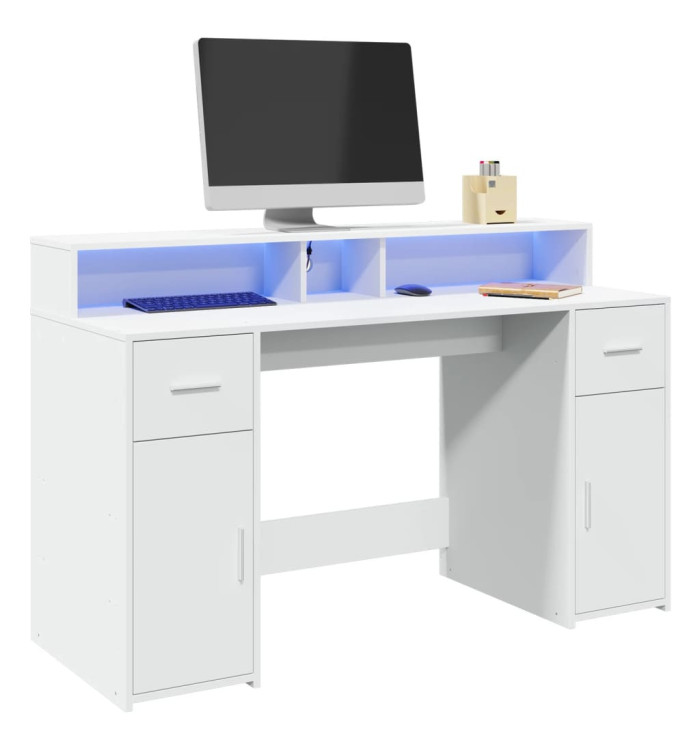 Bureau avec lumières LED blanc 140x55x91 cm bois d'ingénierie | Mobilier & Déco