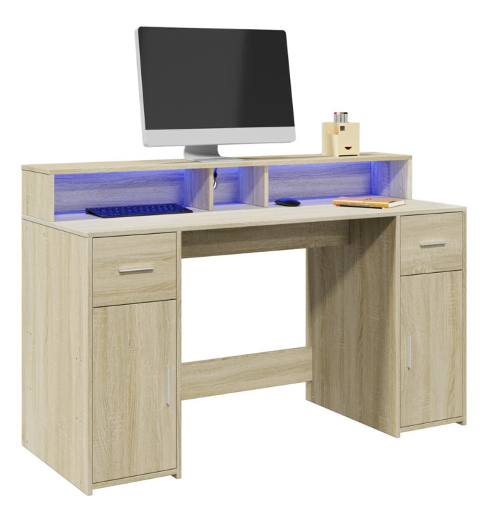 Bureau avec lumières LED chêne sonoma bois d'ingénierie | Mobilier & Déco