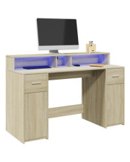 Bureau avec lumières LED chêne sonoma bois d'ingénierie | Mobilier & Déco