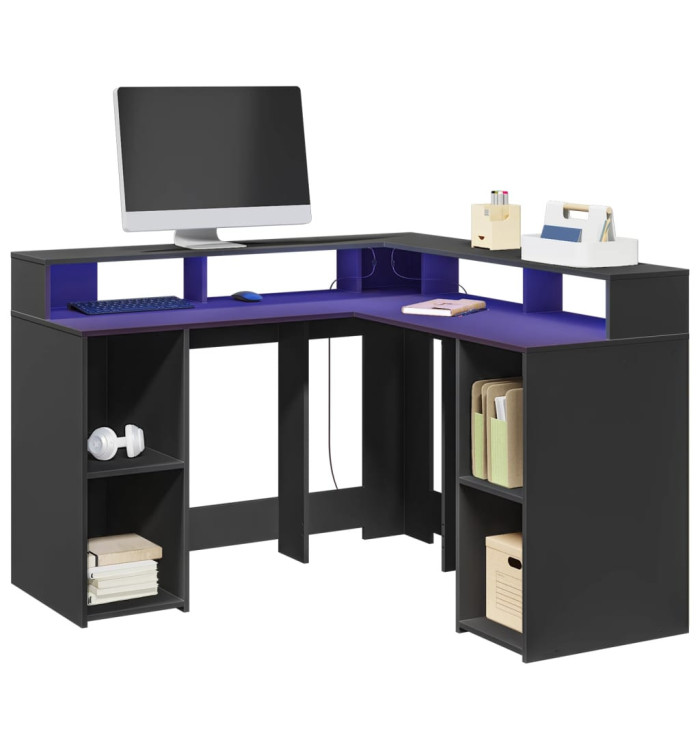 Bureau avec lumières LED noir 130x130x91 cm bois d'ingénierie | Mobilier & Déco