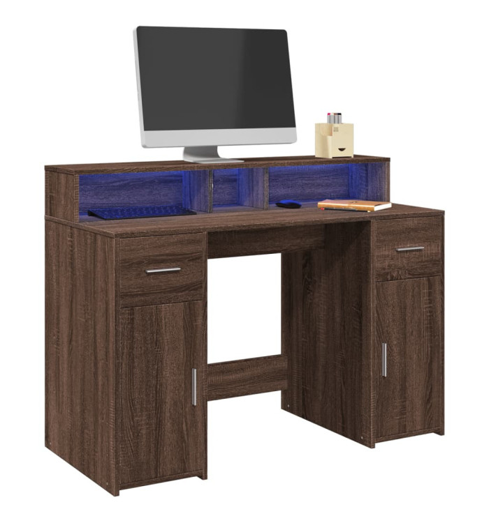 Bureau et lumières LED chêne marron bois d'ingénierie | Mobilier & Déco