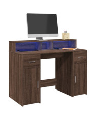 Bureau et lumières LED chêne marron bois d'ingénierie | Mobilier & Déco