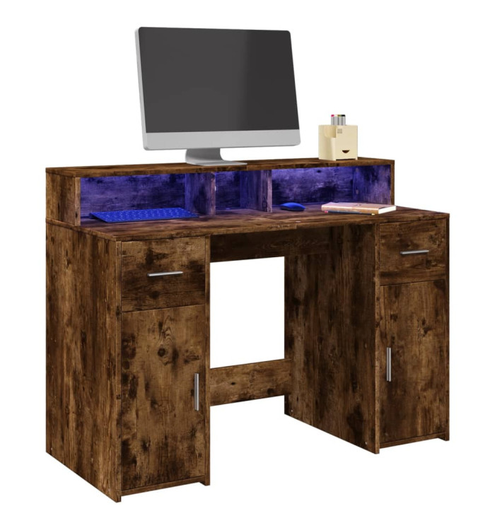 Bureau et lumières LED chêne fumé 120x55x91cm bois d'ingénierie | Mobilier & Déco