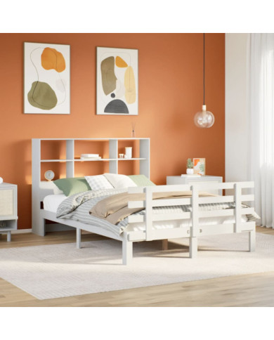 Lit bibliothèque sans matelas blanc 160x200 cm bois pin massif | Mobilier & Déco