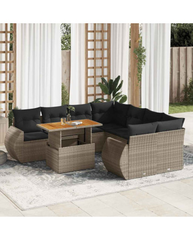 Salon de jardin 9 pcs avec coussins gris résine tressée | Mobilier & Déco