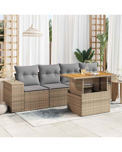 Salon de jardin avec coussins 5 pcs beige résine tressée | Mobilier & Déco