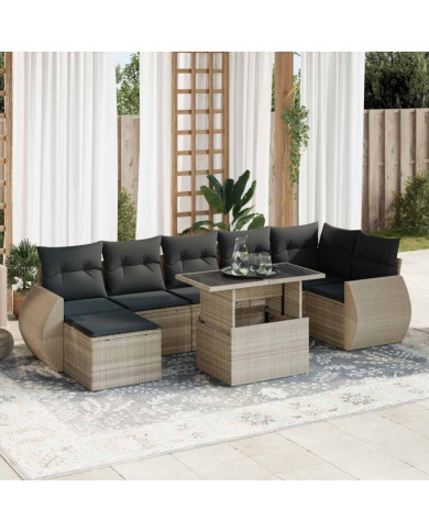 Salon de jardin 8 pcs avec coussins gris clair résine tressée | Mobilier & Déco