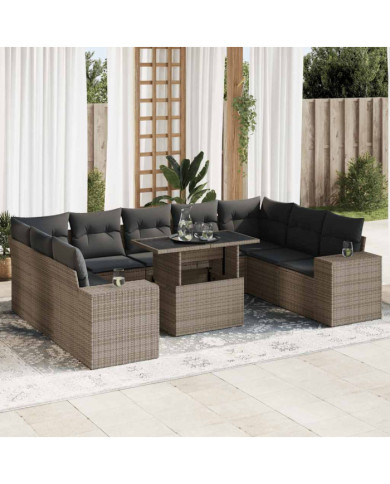 Salon de jardin avec coussins 10 pcs gris résine tressée | Mobilier & Déco