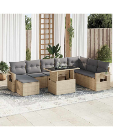 Salon de jardin avec coussins 9 pcs beige résine tressée | Mobilier & Déco
