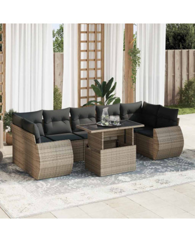 Salon de jardin 8 pcs avec coussins gris résine tressée | Mobilier & Déco