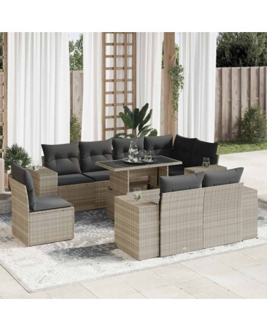Salon de jardin 9 pcs avec coussins gris clair résine tressée | Mobilier & Déco