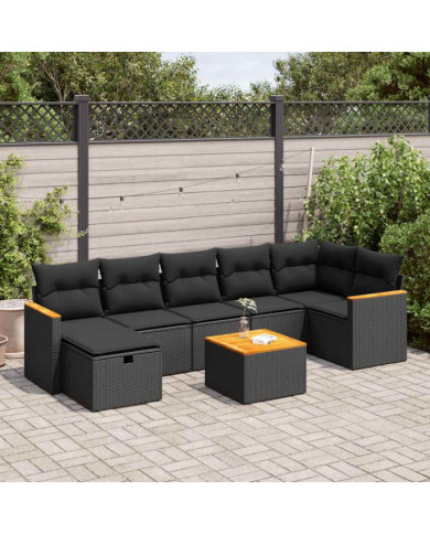 Salon de jardin 8 pcs avec coussins noir résine tressée | Mobilier & Déco