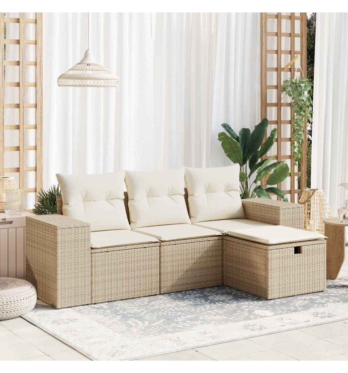 Salon de jardin avec coussins 4 pcs beige résine tressée | Mobilier & Déco