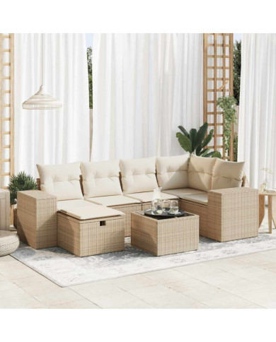 Salon de jardin avec coussins 7 pcs beige résine tressée | Mobilier & Déco