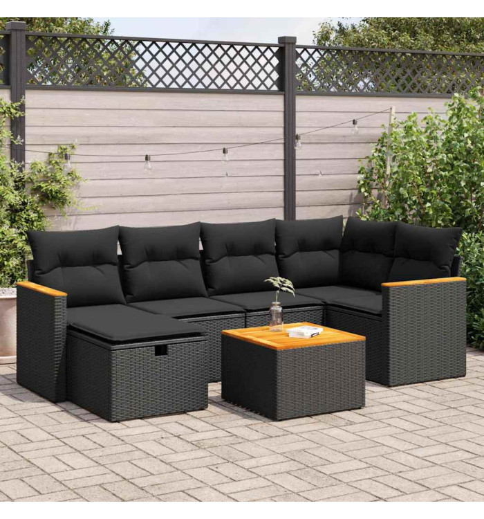 Salon de jardin 7 pcs avec coussins noir résine tressée | Mobilier & Déco