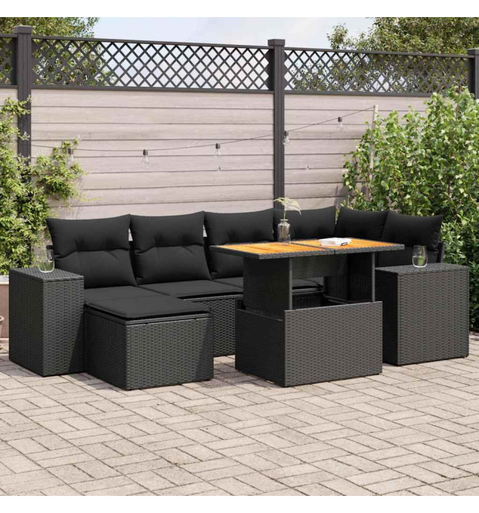 Salon de jardin 7 pcs avec coussins noir résine tressée | Mobilier & Déco