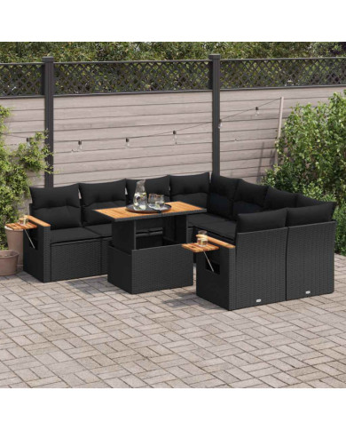 Salon de jardin avec coussins 9 pcs noir résine tressée acacia | Mobilier & Déco