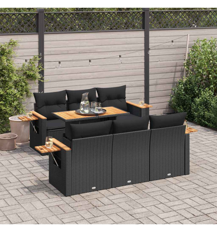 Salon de jardin avec coussins 7 pcs noir résine tressée acacia | Mobilier & Déco