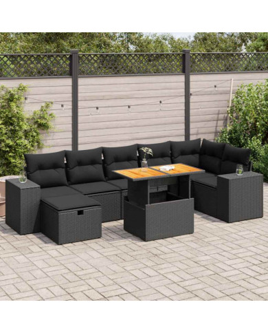Salon de jardin 5 pcs avec coussins noir résine tressée acacia | Mobilier & Déco