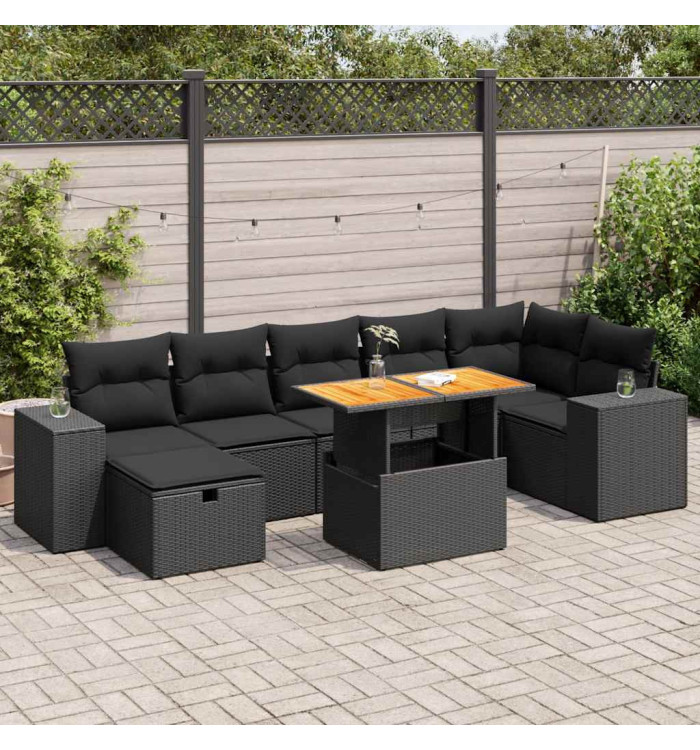 Salon de jardin 5 pcs avec coussins noir résine tressée acacia | Mobilier & Déco