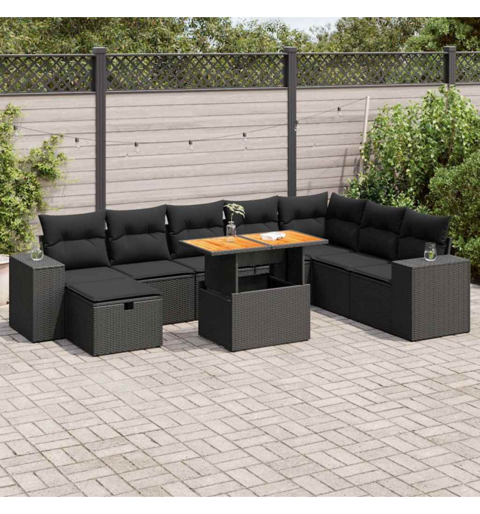 Salon de jardin avec coussins 9 pcs noir résine tressée acacia | Mobilier & Déco