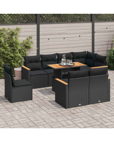 Salon de jardin avec coussins 9 pcs noir résine tressée acacia | Mobilier & Déco