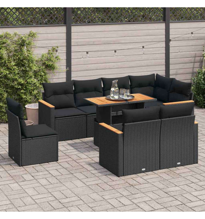 Salon de jardin avec coussins 9 pcs noir résine tressée acacia | Mobilier & Déco
