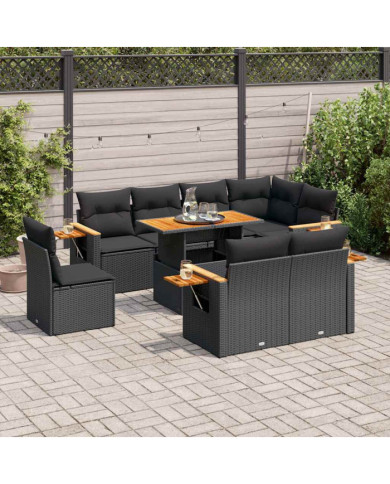 Salon de jardin avec coussins 9 pcs noir résine tressée acacia | Mobilier & Déco