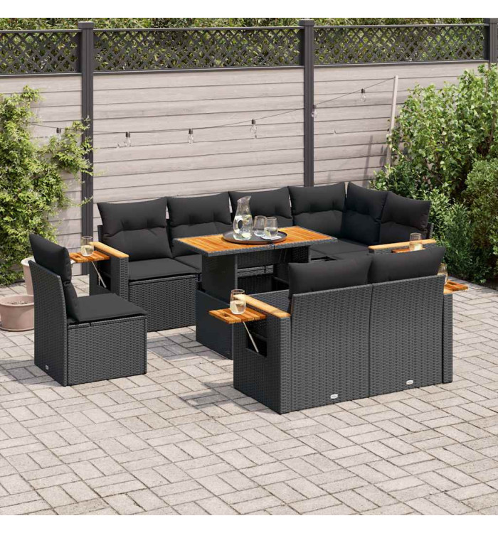 Salon de jardin avec coussins 9 pcs noir résine tressée acacia | Mobilier & Déco