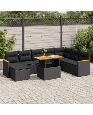 Salon de jardin avec coussins 9 pcs noir résine tressée acacia | Mobilier & Déco