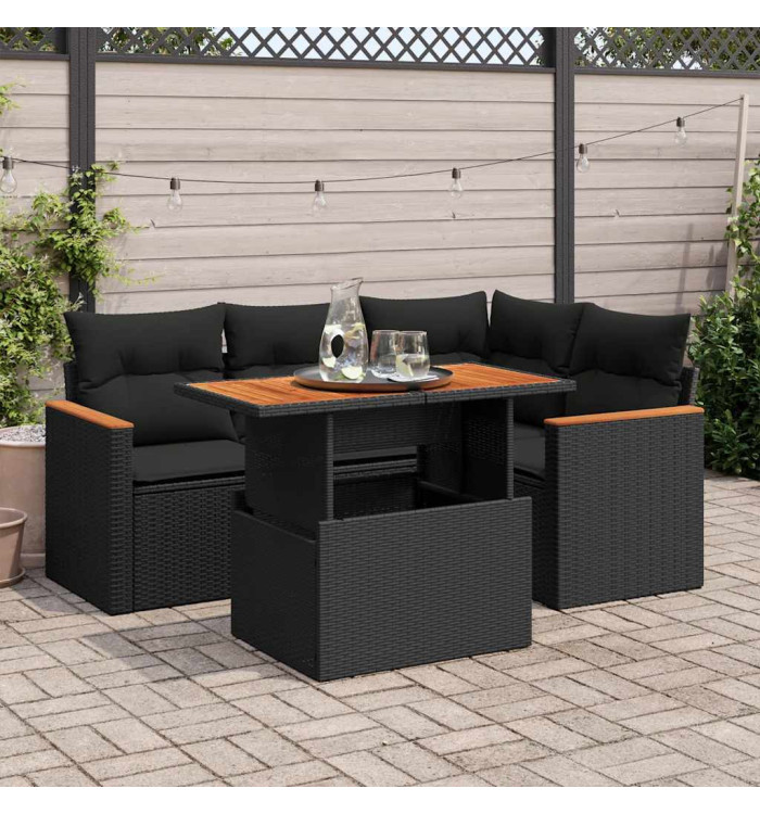 Salon de jardin 5 pcs avec coussins noir résine tressée acacia | Mobilier & Déco