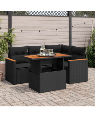 Salon de jardin 5 pcs avec coussins noir résine tressée acacia | Mobilier & Déco