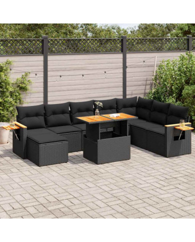 Salon de jardin avec coussins 9 pcs noir résine tressée acacia | Mobilier & Déco