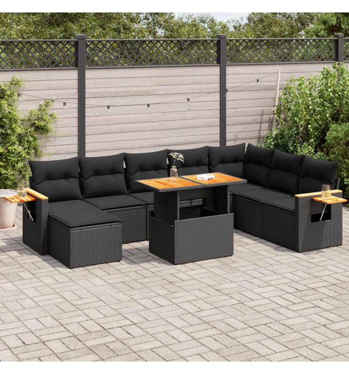Salon de jardin avec coussins 9 pcs noir résine tressée acacia | Mobilier & Déco
