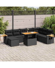 Salon de jardin avec coussins 9 pcs noir résine tressée acacia | Mobilier & Déco