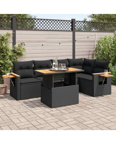 Salon de jardin 6 pcs avec coussins noir résine tressée acacia | Mobilier & Déco