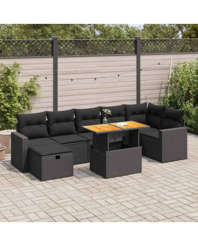 Salon de jardin 5 pcs avec coussins noir résine tressée acacia | Mobilier & Déco