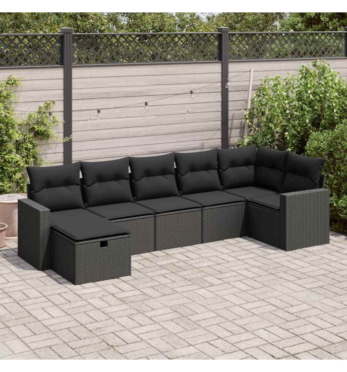 Salon de jardin 7 pcs avec coussins noir résine tressée | Mobilier & Déco