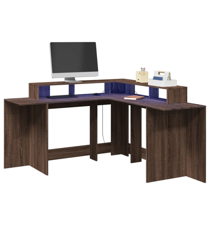 Bureau et lumières LED chêne marron bois d'ingénierie | Mobilier & Déco