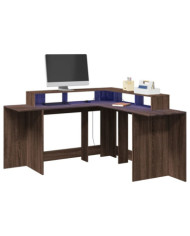 Bureau et lumières LED chêne marron bois d'ingénierie | Mobilier & Déco