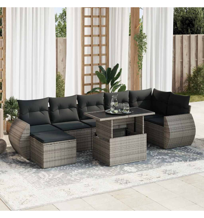 Salon de jardin 8 pcs avec coussins gris résine tressée | Mobilier & Déco