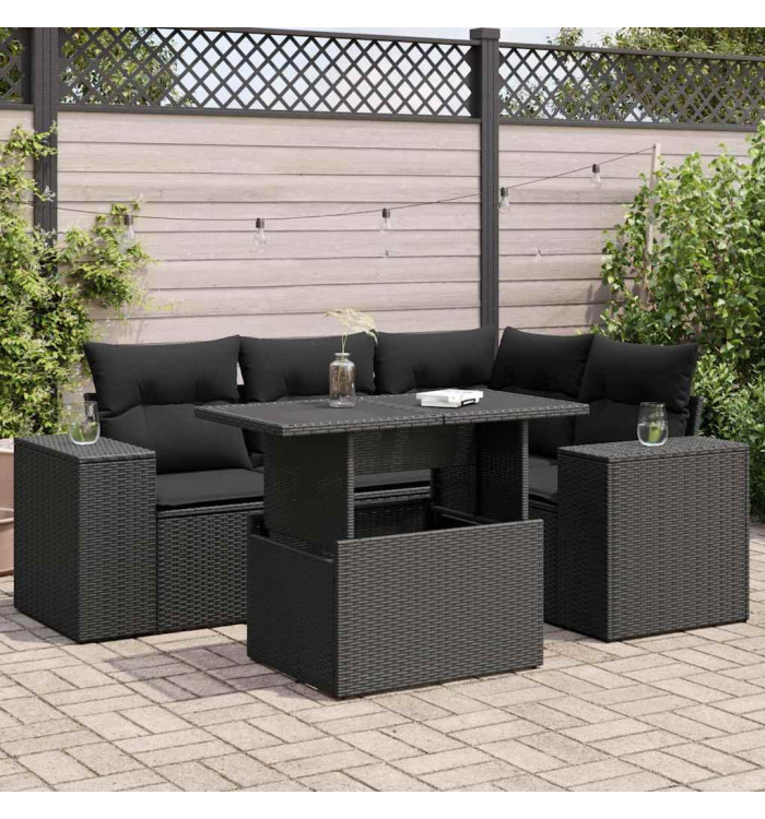 Salon de jardin 5 pcs avec coussins noir résine tressée | Mobilier & Déco