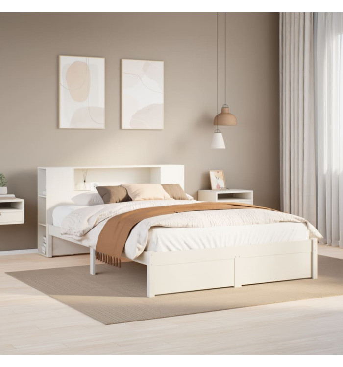 Lit bibliothèque sans matelas blanc 140x200 cm bois pin massif | Mobilier & Déco