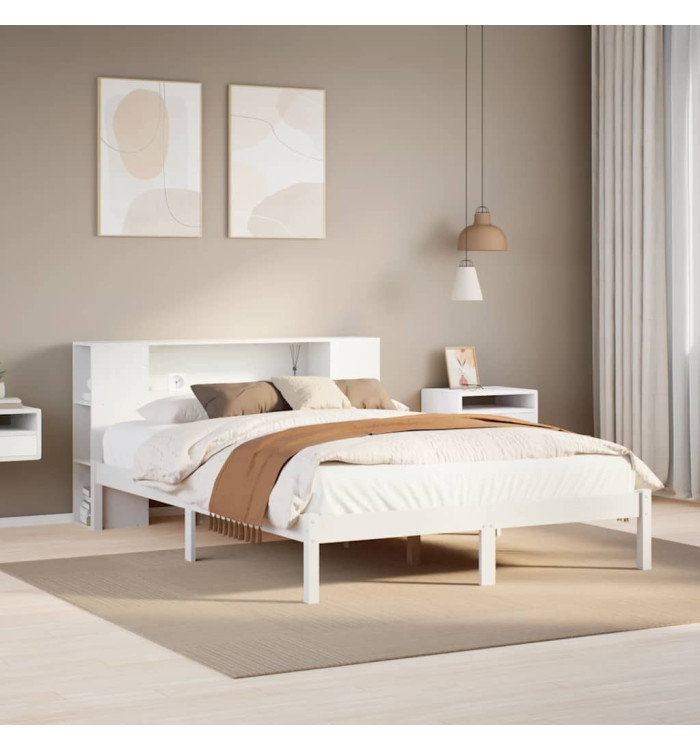 Lit bibliothèque sans matelas blanc 140x200 cm bois pin massif | Mobilier & Déco
