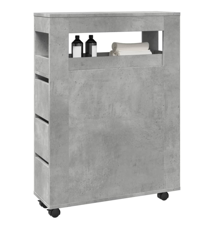 Meuble étroit de salle de bain à roulettes gris béton | Mobilier & Déco