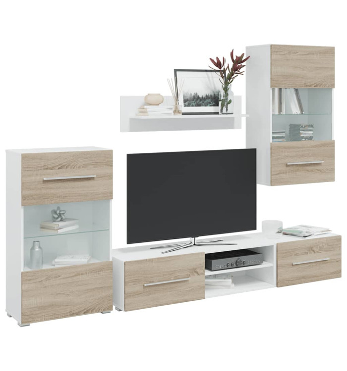 Meubles TV avec lumière LED 5pcs chêne sonoma bois d'ingénierie | Mobilier & Déco
