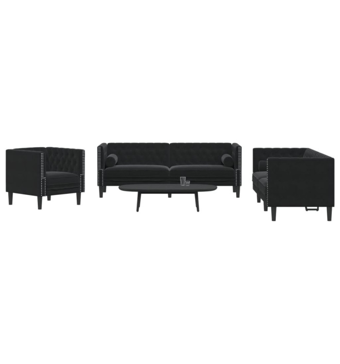 Ensemble de canapé Chesterfield et traversins 3pcs noir velours | Mobilier & Déco